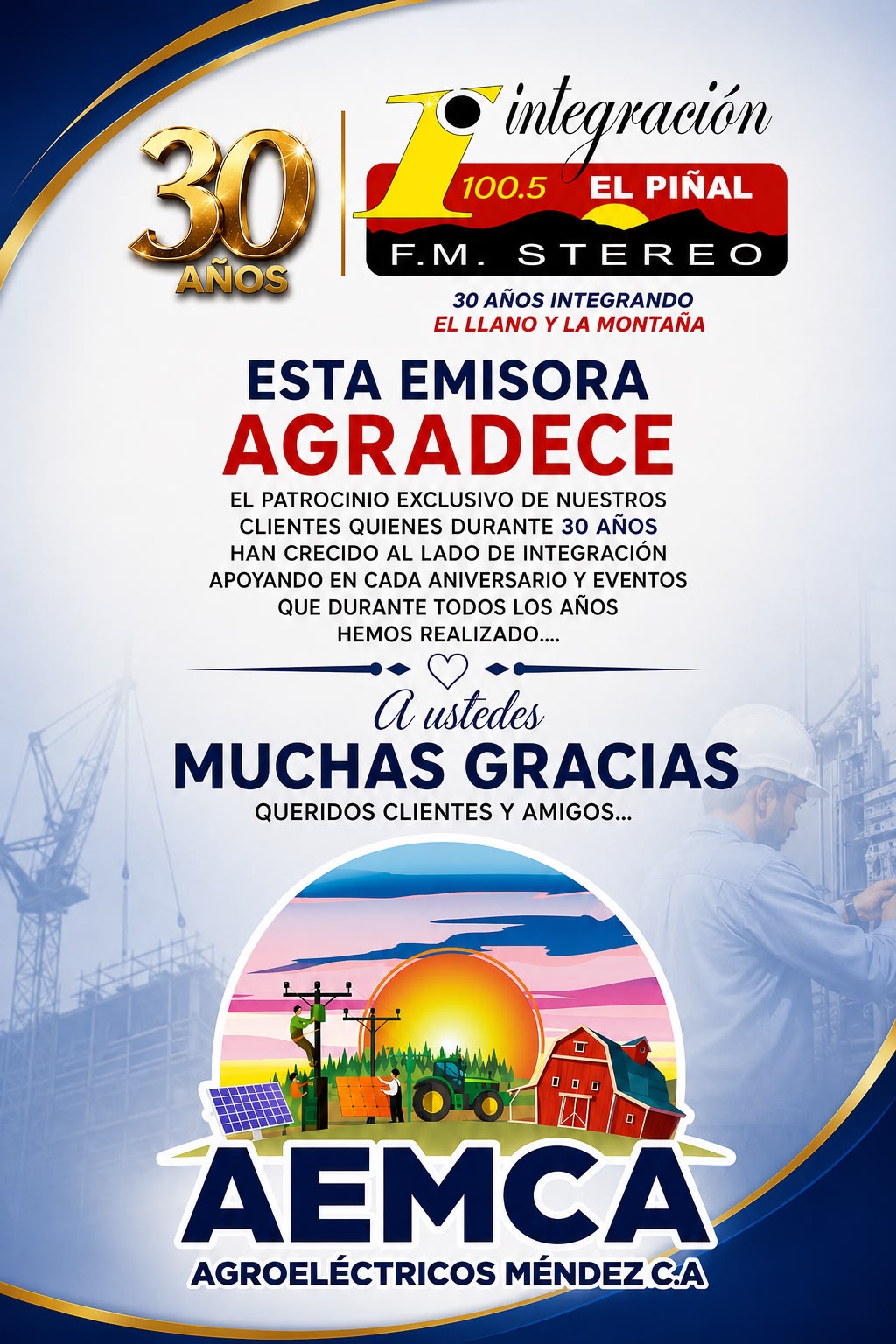 PATROCINANTES ANIVERSARIO 30 AÑOS DE INTEGRACION 100.5FM