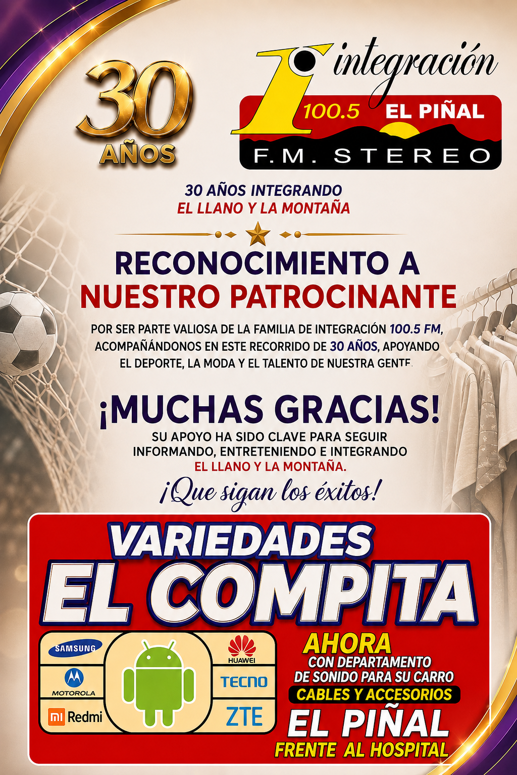 PATROCINANTES ANIVERSARIO 30 AÑOS DE INTEGRACION 100.5FM