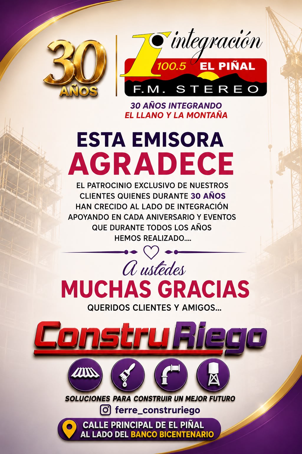 PATROCINANTES ANIVERSARIO 30 AÑOS DE INTEGRACION 100.5FM