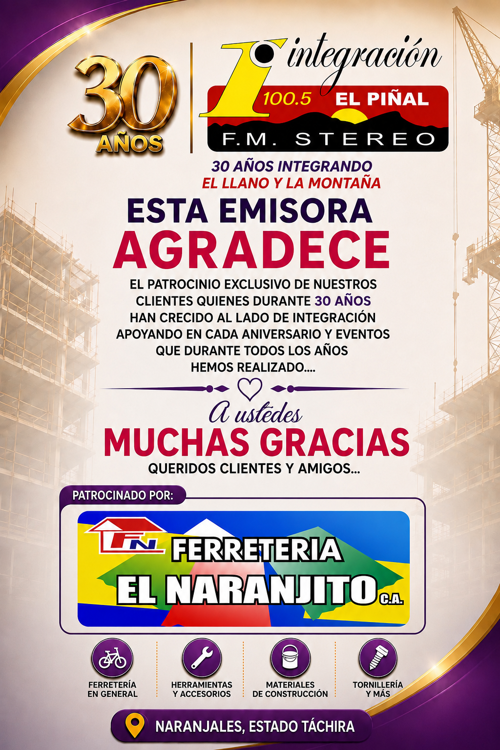 PATROCINANTES ANIVERSARIO 30 AÑOS DE INTEGRACION 100.5FM